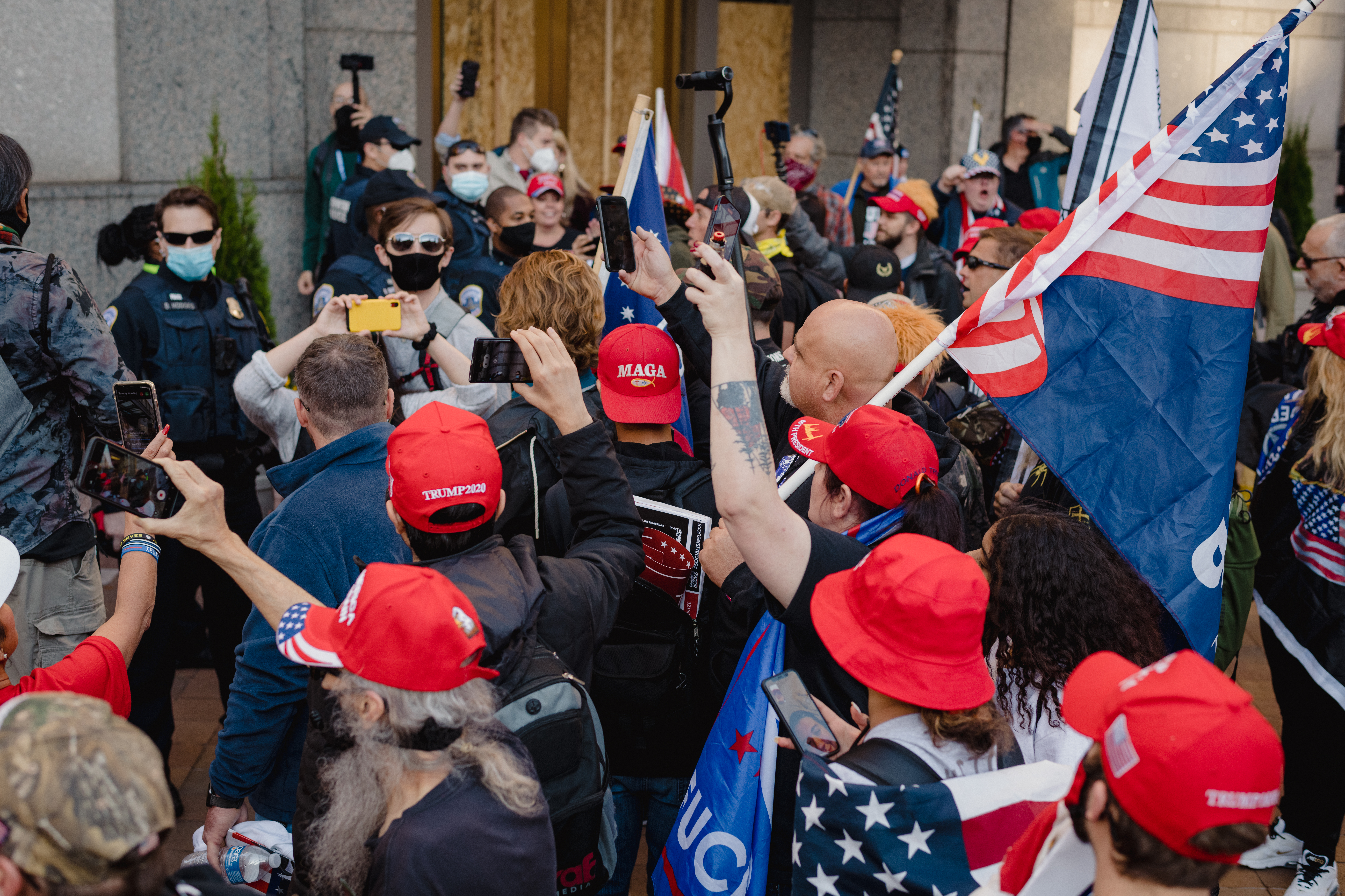 Protestors and counterprotestors at a MAGA march in 2020.