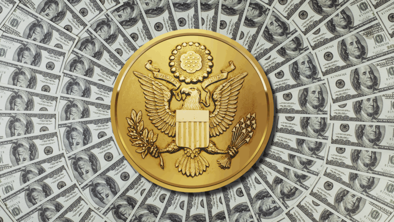 The presidential seal with dollar bills around it.