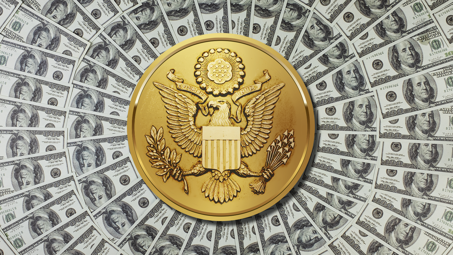 The presidential seal with dollar bills around it.